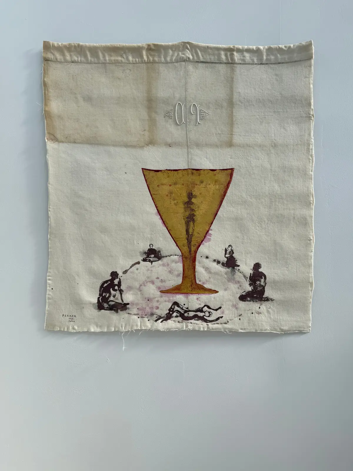 Calice, Ink and gold on an antique embroidered sheet, 2022