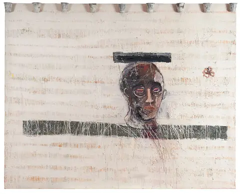 Poète, Mixed media on canvas with lead strip and lead pots, 2007